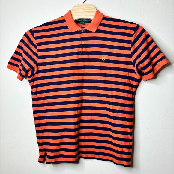 Lauren Ralph Lauren Polo Shirt Men's Large Orange Navy‎ Stripe Pique Cotton VTG - Picture 1 of 5